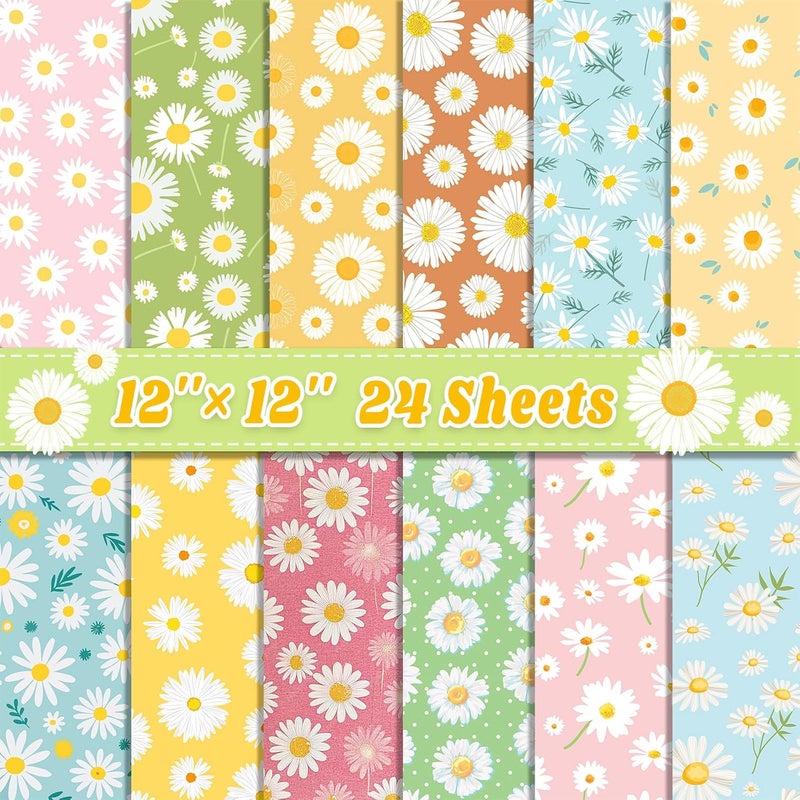 Feivando 24 Sheets Daisy Scrapbook Paper 12'' × 12'' Double-Sided Spring Summer Flower Pattern Paper Decorative Decoupage Cardstock for DIY Card Craft Making Scrapbook Supplies - Image 1